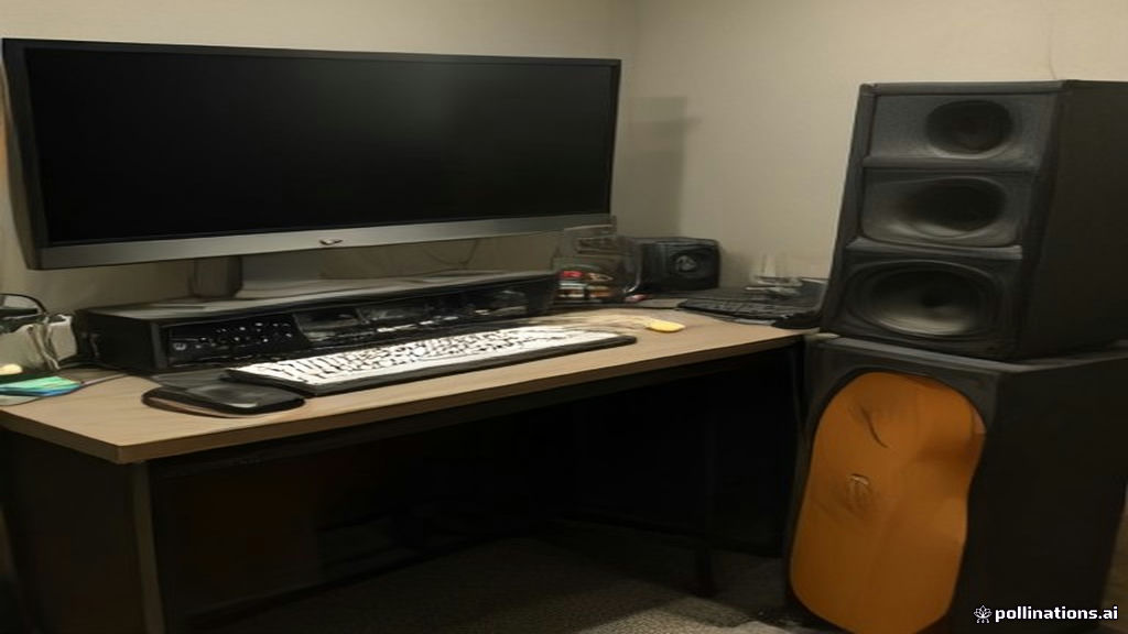 A home recording setup with microphone, laptop audio waveforms, and audio gear for ai voiceover jobs.