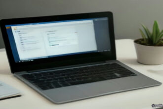Minimalist home office workstation displaying remote data evaluation software on a screen in natural daylight.