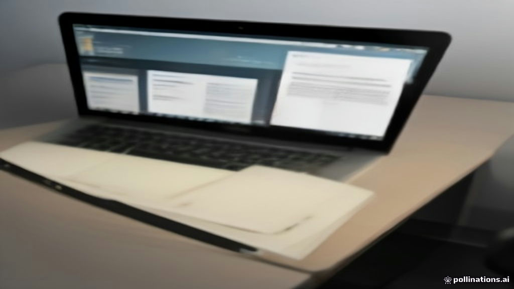 Minimalist author workspace with a laptop open to manuscript layout tools and planning documents.