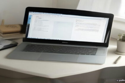 A minimalist home office desk setup with a laptop displaying document forms for digital account registration.