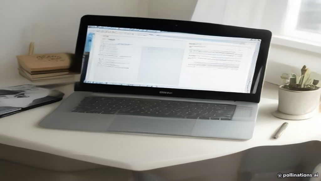 A minimalist home office desk setup with a laptop displaying document forms for digital account registration.