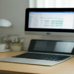 Laptop screen displaying a structured spreadsheet of task earnings on a modern home office desk.