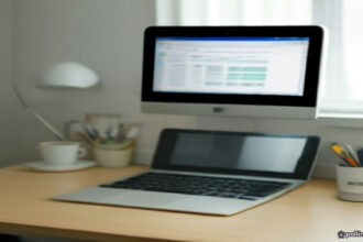 Laptop screen displaying a structured spreadsheet of task earnings on a modern home office desk.