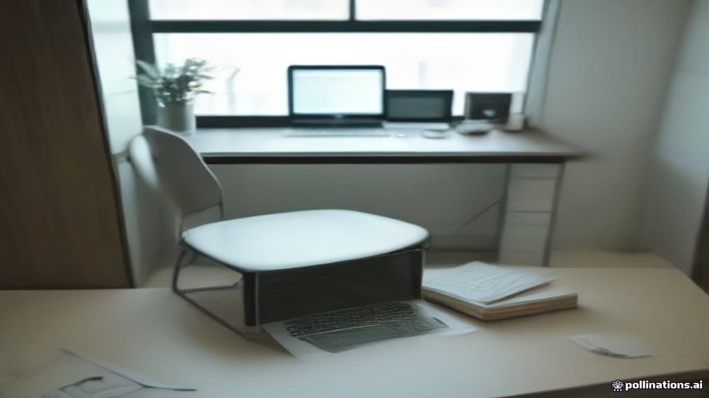 A modern home office setup with a laptop displaying search evaluation work guidelines on a desk.