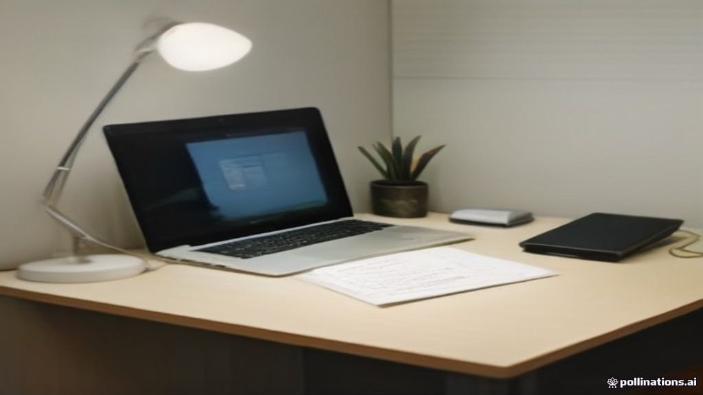 A clean home office desk setup with a laptop and notebook prepared for search quality rater study sessions.
