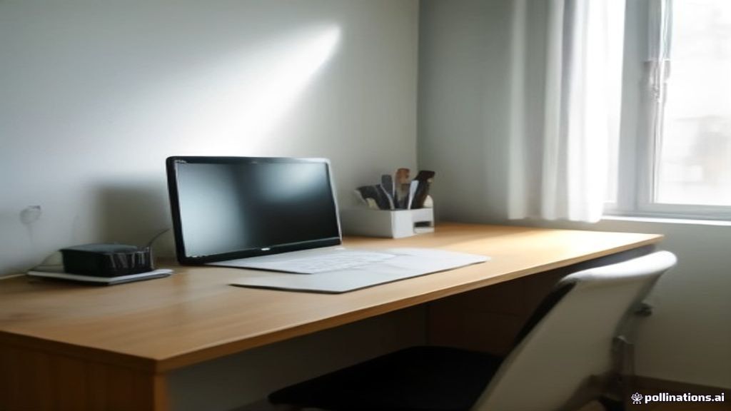 Minimalist home office setup with an open laptop and study notes for online evaluator contract work.