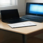 A remote worker setup featuring a laptop displaying AI rating data on a clean desk.