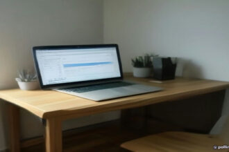 Laptop screen displaying email newsletter reader analytics and monetization dashboard on a clean wooden desk.