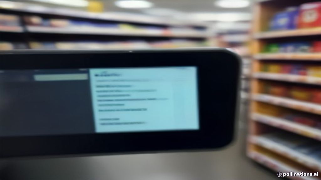 A smartphone displaying a store audit application inside a brightly lit retail store aisle.