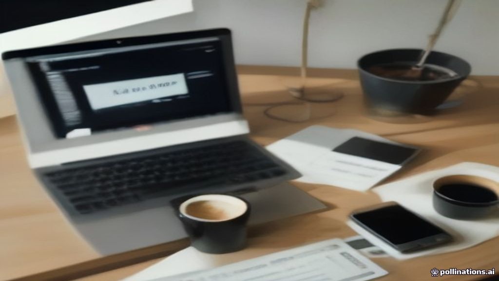 A modern home workspace with a coffee cup beside a computer displaying creator platform earnings and balance sheet notes.