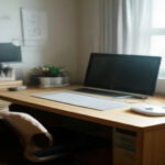 A modern remote working desk with a laptop and headset used for online tutoring and remote job tasks.