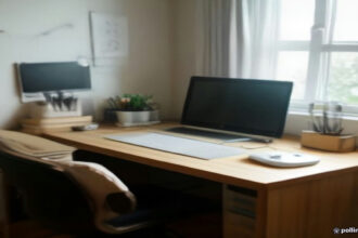 A modern remote working desk with a laptop and headset used for online tutoring and remote job tasks.