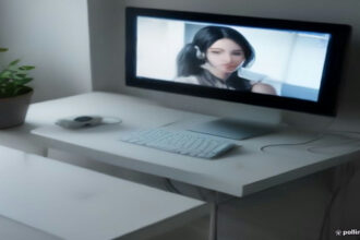 Remote desktop setup for online English tutoring with laptop, headset, and clean workspace.