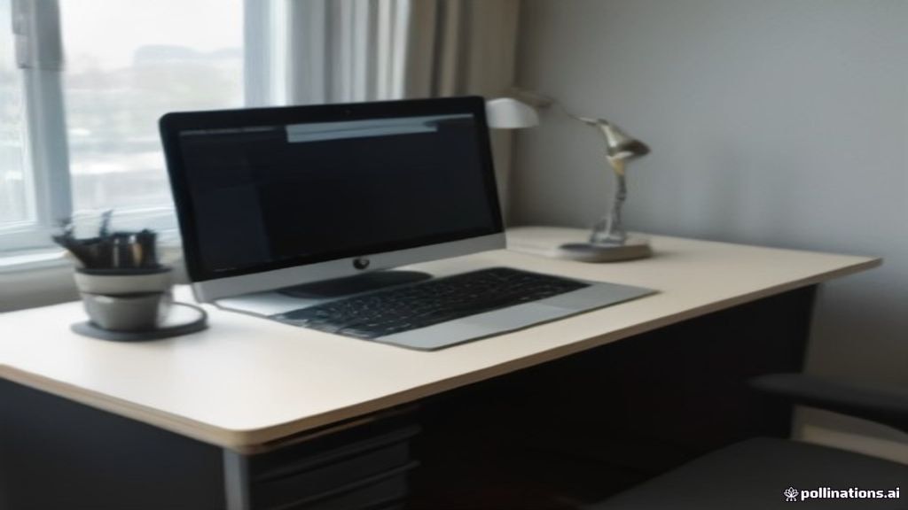 A laptop and office supplies on a wooden desk prepared for remote data annotation evaluation tasks