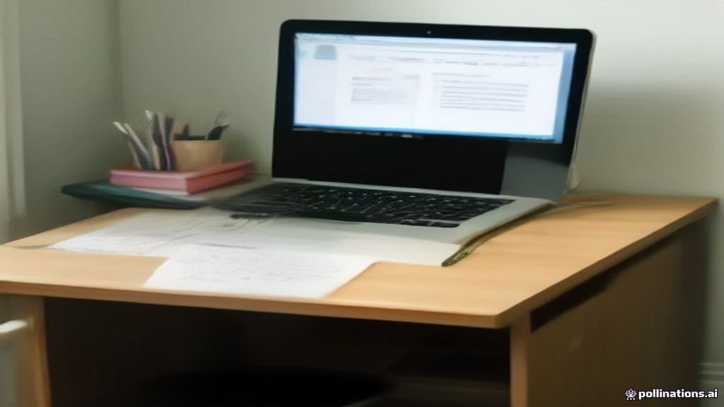 A modern home desk workspace with a laptop displaying academic documents and study tools.
