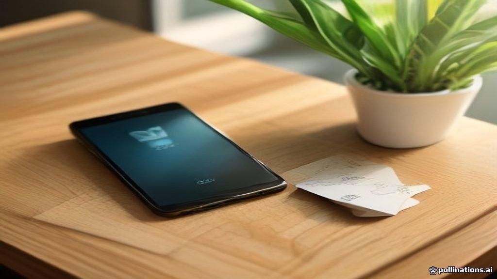 A prepaid debit card and mobile banking app displayed on a clean wooden desk.
