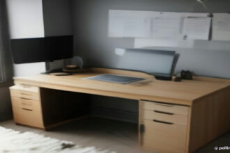 A remote worker workstation set up for evaluating AI responses on a laptop in a brightly lit room.