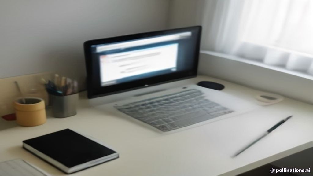 Laptop displaying text evaluation criteria for AI data annotation tasks on a clean wooden desk.