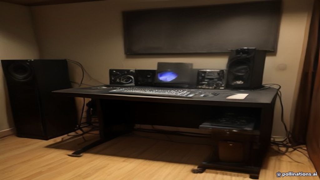 Microphone and audio equipment setup on a desk used for freelance voiceover recording and full broadcast rights delivery.
