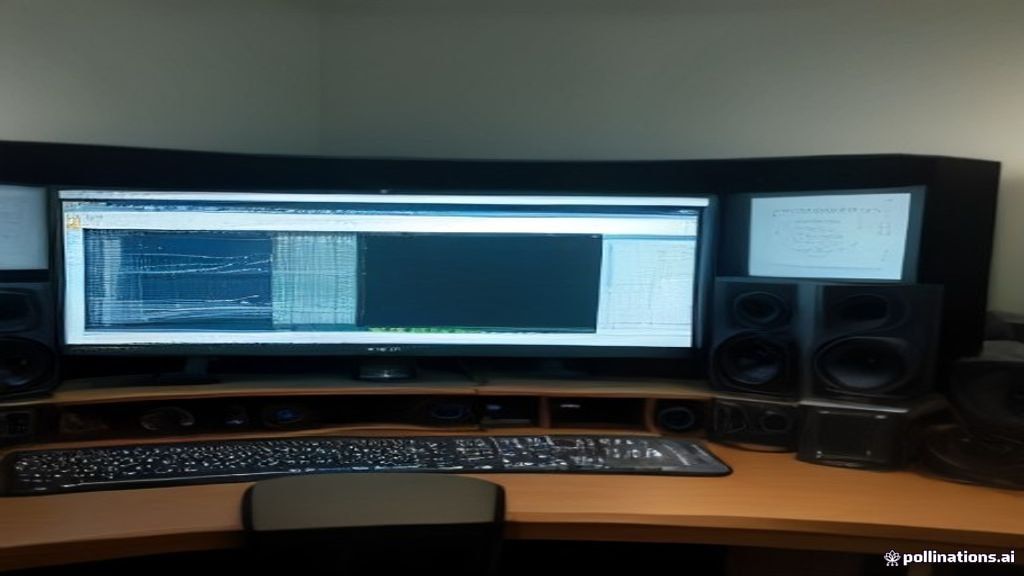 Audio editing workstation showing wave forms on screen and headphones on a clean desk.