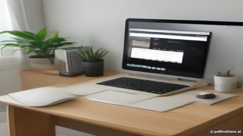 A minimalist freelancer desk with a laptop displaying a social media content planning calendar and desktop accessories.