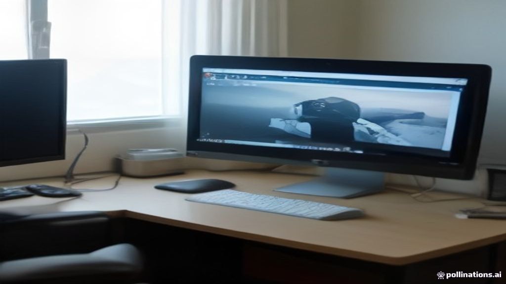 Dual-monitor desktop setup showing video timeline editing software on a clean studio desk.