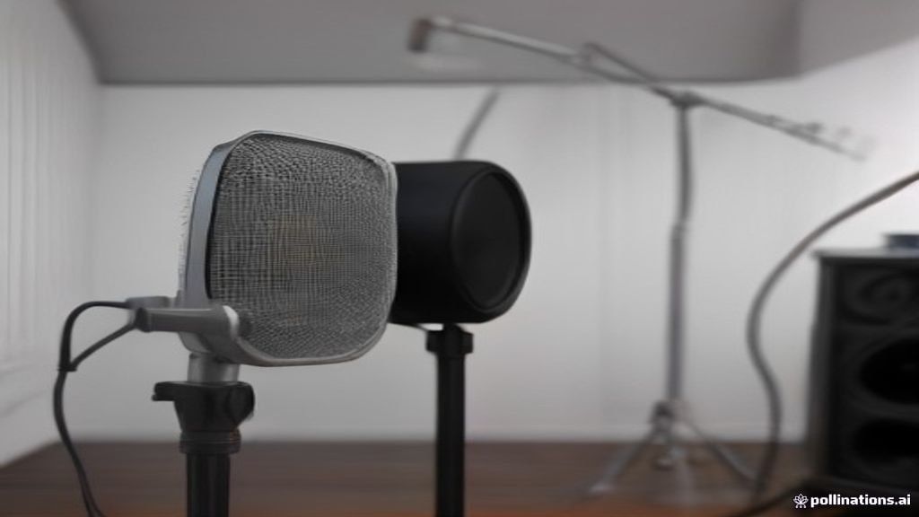 Home voiceover recording setup with condenser microphone, audio interface, and laptop displaying audio software.