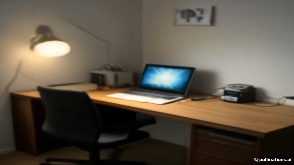 Headphones and open laptop on a clean wooden desk representing a work-from-home audio transcription workspace.