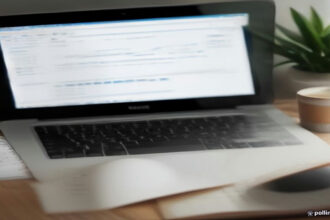 Modern desk setup with a laptop displaying research data, reflecting online reward and survey platform operations.