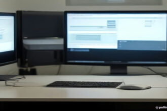 A remote agent desktop workspace equipped with a USB headset and dual monitors for customer support calls.
