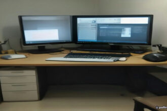 A modern laptop, headphones, and foot pedal sitting on an organized desk for home-based audio transcription.