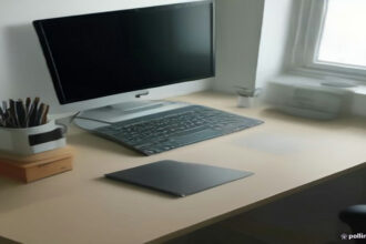 A clean modern home workspace setup featuring a laptop displaying web guidelines next to a notebook.