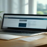 Laptop screen showing subscription settings and financial documents on a minimalist workspace desk