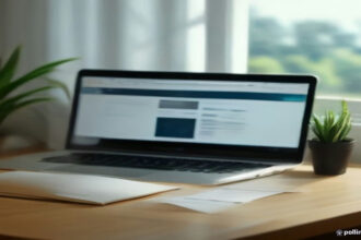 Laptop screen showing subscription settings and financial documents on a minimalist workspace desk