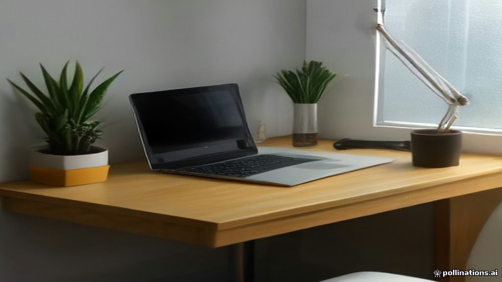 A modern minimalist desk with a laptop and credit card on a wooden surface in daylight.