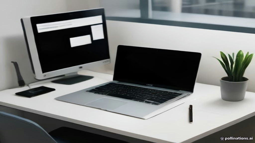 A laptop and notebook on a clean wooden desk arranged for signing up for an online publishing platform.