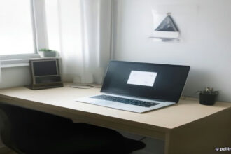 Laptop displaying an online account registration page on a clean wooden desk.