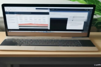 A clean modern workspace with a laptop open to digital seller account settings and registration controls.