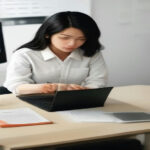 A researcher analyzing quantitative research survey data and respondent metrics on a laptop in a modern studio desk setup.