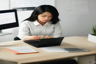 A researcher analyzing quantitative research survey data and respondent metrics on a laptop in a modern studio desk setup.