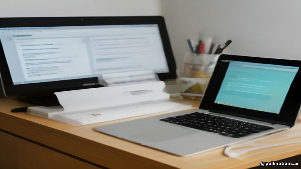A modern home desk setup with a open laptop showing remote evaluation criteria documents.