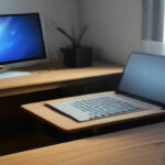 Laptop connected via Ethernet cable beside a fiber internet router on a clean desk setup.