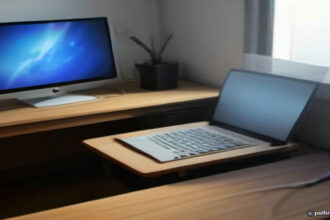 Laptop connected via Ethernet cable beside a fiber internet router on a clean desk setup.