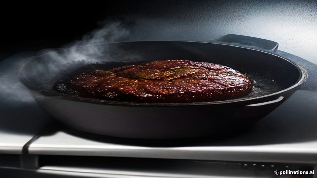 A thick steak searing in a heavy cast iron skillet on a clean kitchen stovetop