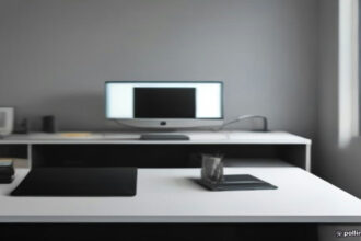 Minimalist remote work desk with a laptop prepared for an AI video interview screening.