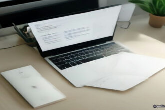 A laptop open to a resume document on a clean, professional workspace desk.