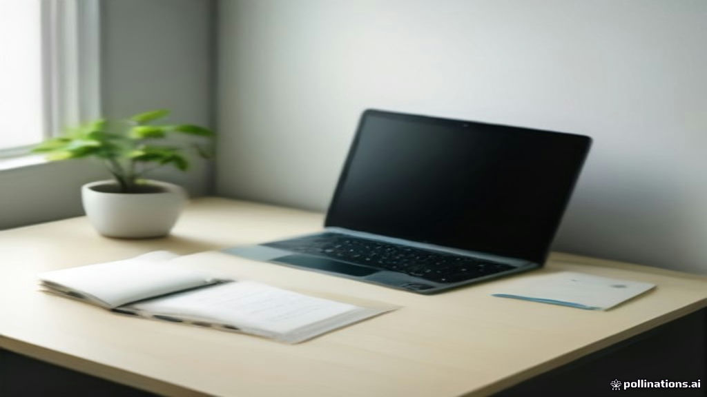 Clean modern desk with laptop and notebook set up for online self-publishing setup.