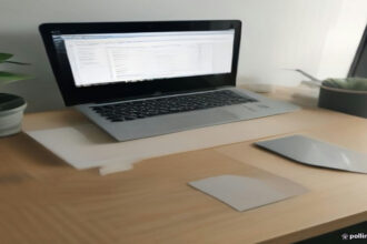 Minimalist home office desk with a modern laptop displaying freelance financial planning tools and project metrics.