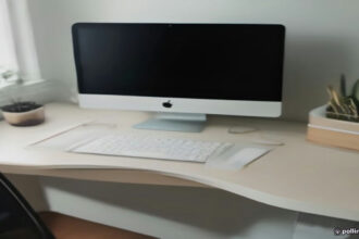 Digital product creator workspace with laptop displaying Gumroad seller dashboard and product metrics.