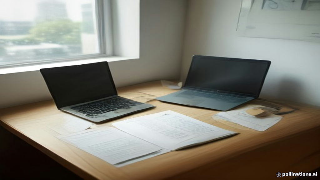 Minimalist workspace featuring a laptop with text draft, clean desk, and morning sunlight.